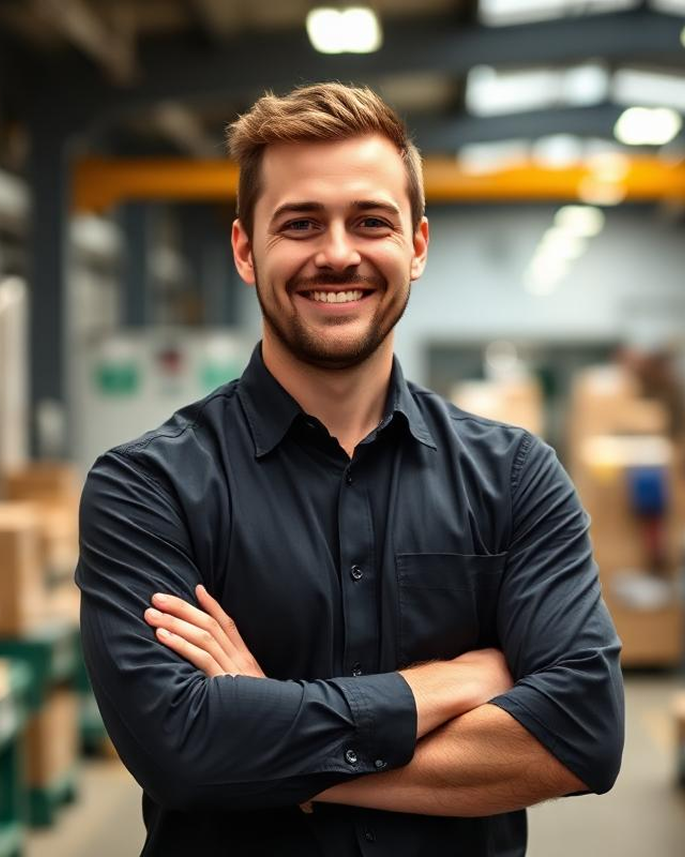 Smiling man with short hair in a black shirt stands with arms crossed in a warehouse.