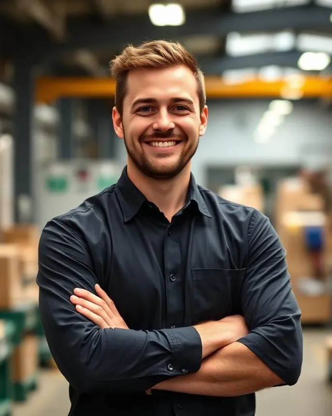 Smiling man with short hair in a black shirt stands with arms crossed in a warehouse.