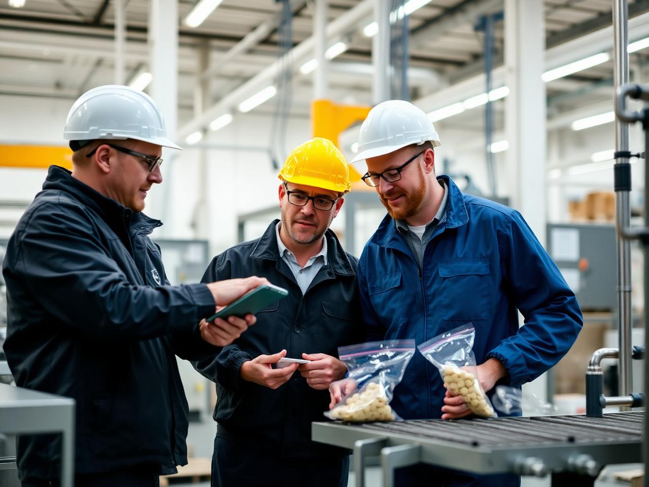 Three factory workers in hard hats inspecting packaged product bags in a food processing facility.