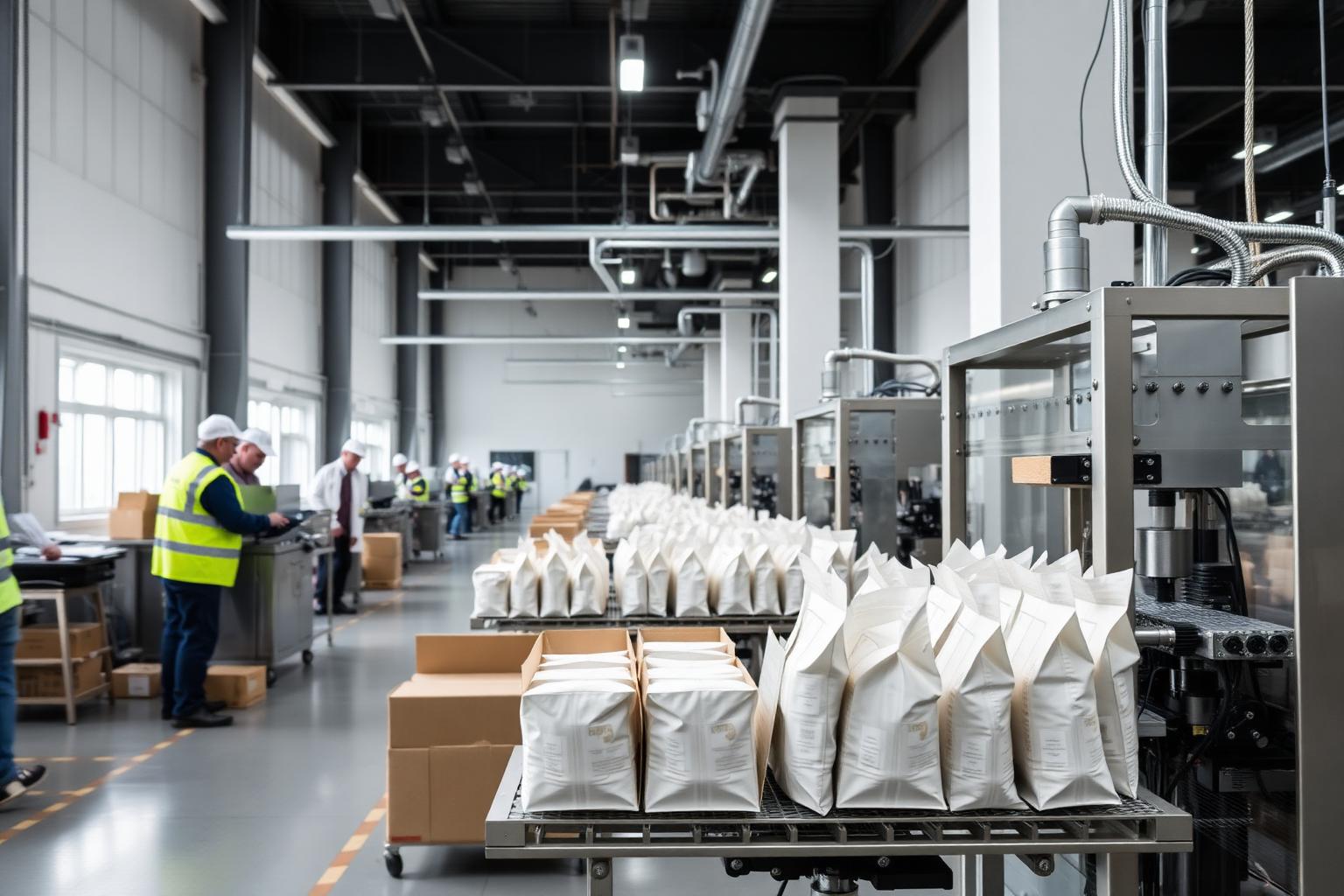 Factory production line with rows of packaged products and workers wearing safety vests and caps.