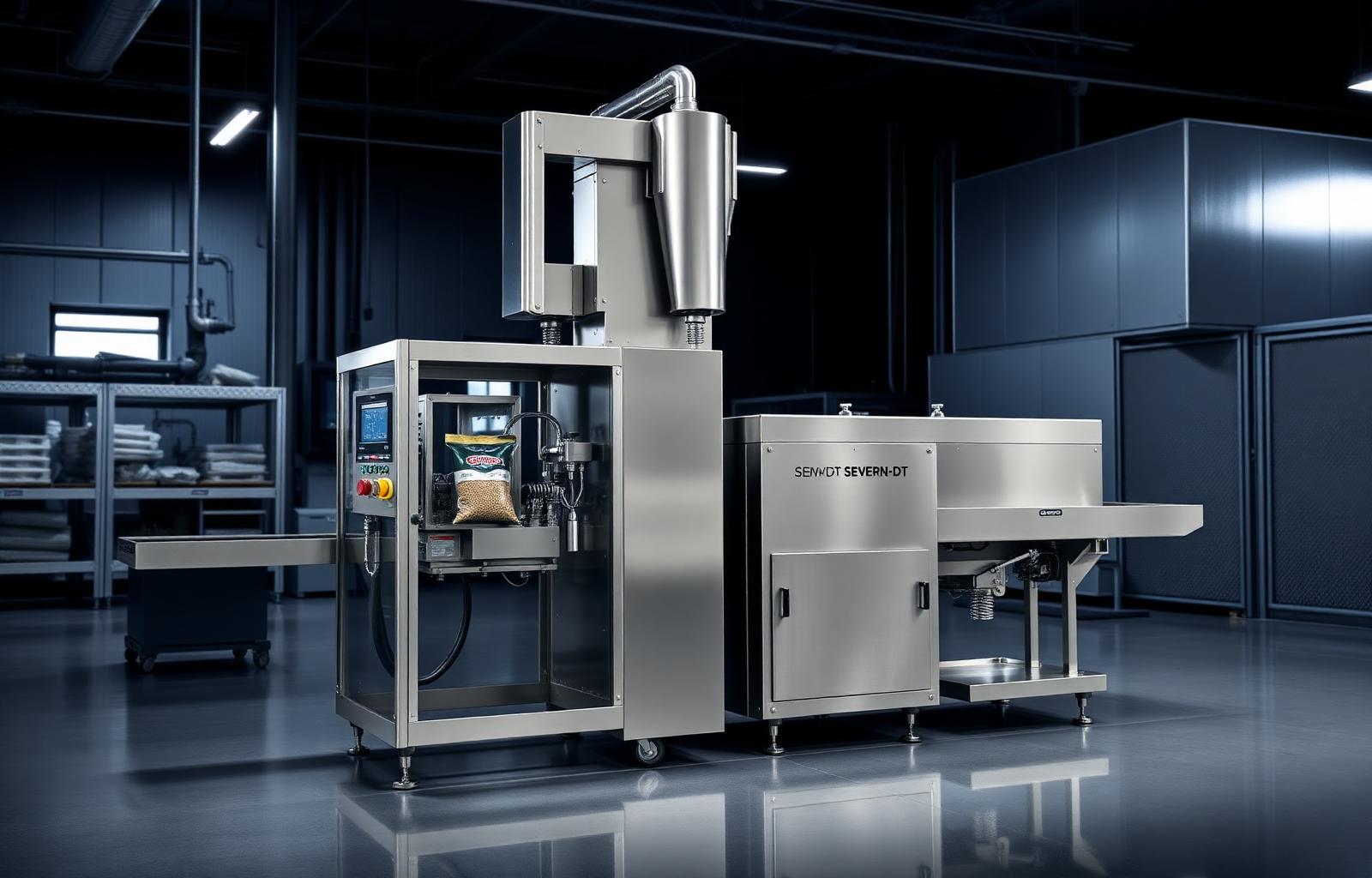 Industrial stainless steel bagging machine labeled SENYOT SEVERN-DT in a clean factory setting.