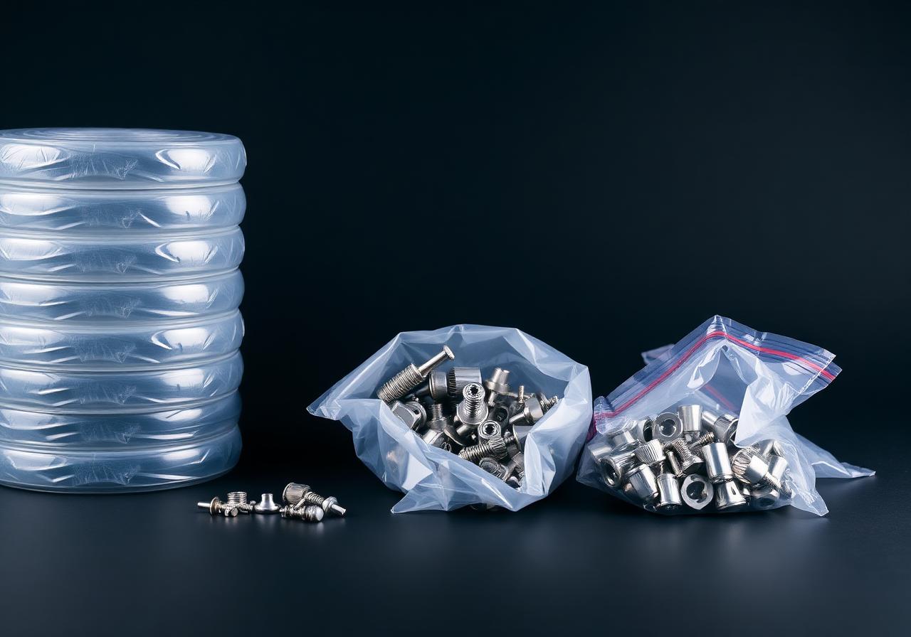Metal threaded inserts and screws in two plastic bags next to stacked clear plastic packaging.