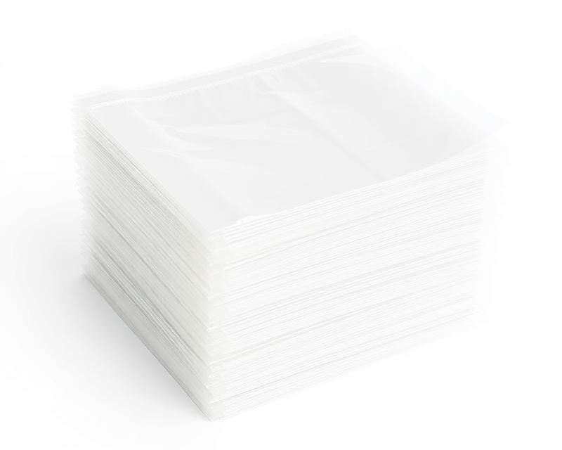 Stack of transparent plastic vacuum seal bags on a white background.
