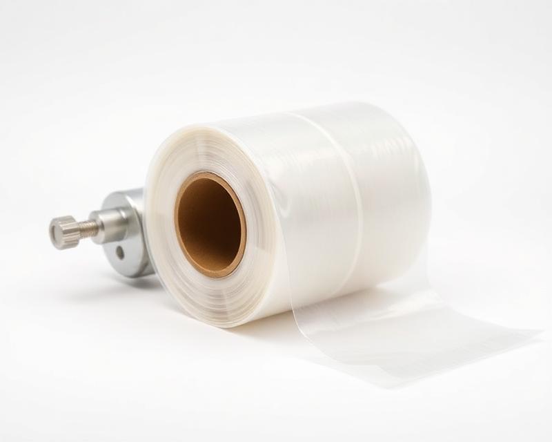 A roll of clear plastic film with a metallic spool on a white background.