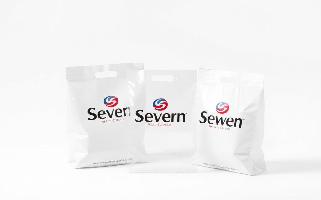 Three white plastic shopping bags with Severn logo and text on a white background.