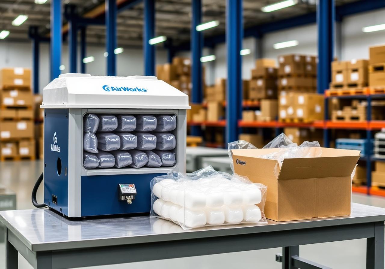 AirWorks branded industrial machine with packaged materials on a metal table in a warehouse setting.