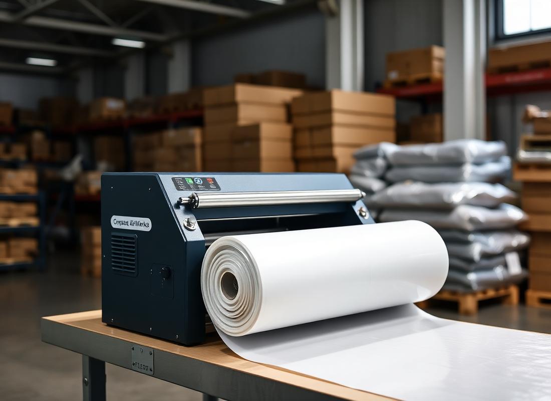Industrial laminating machine with a large roll of white material on a wooden table in a warehouse.