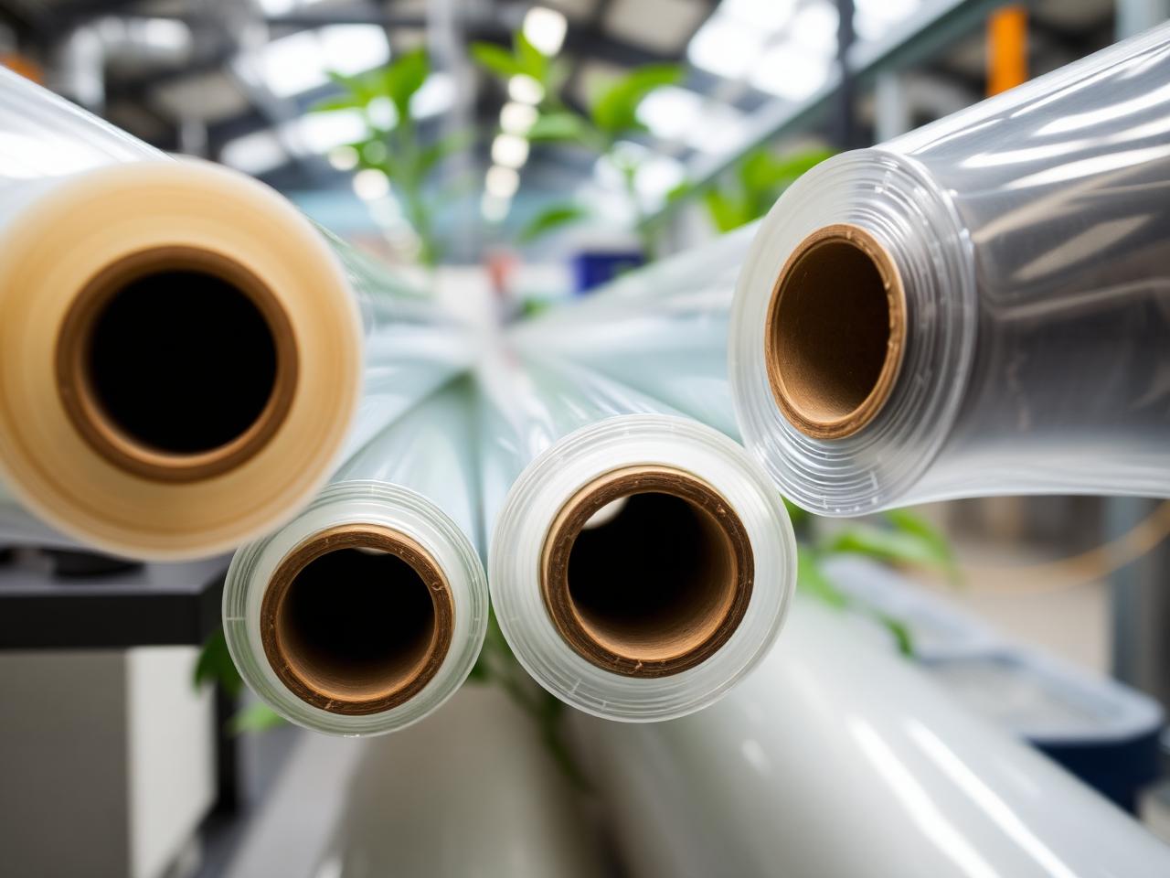 Close-up of several plastic film rolls with cardboard cores in a warehouse or factory setting.