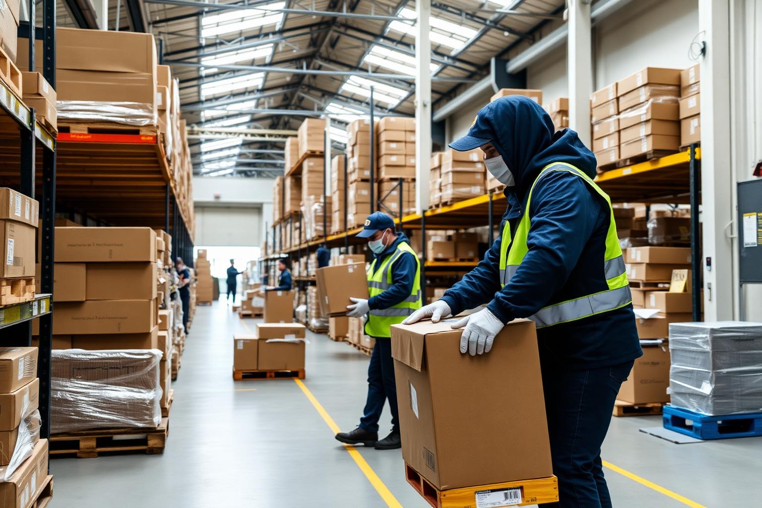Warehouse workers wearing masks and safety vests handling boxes amid tall shelves of stacked packages.