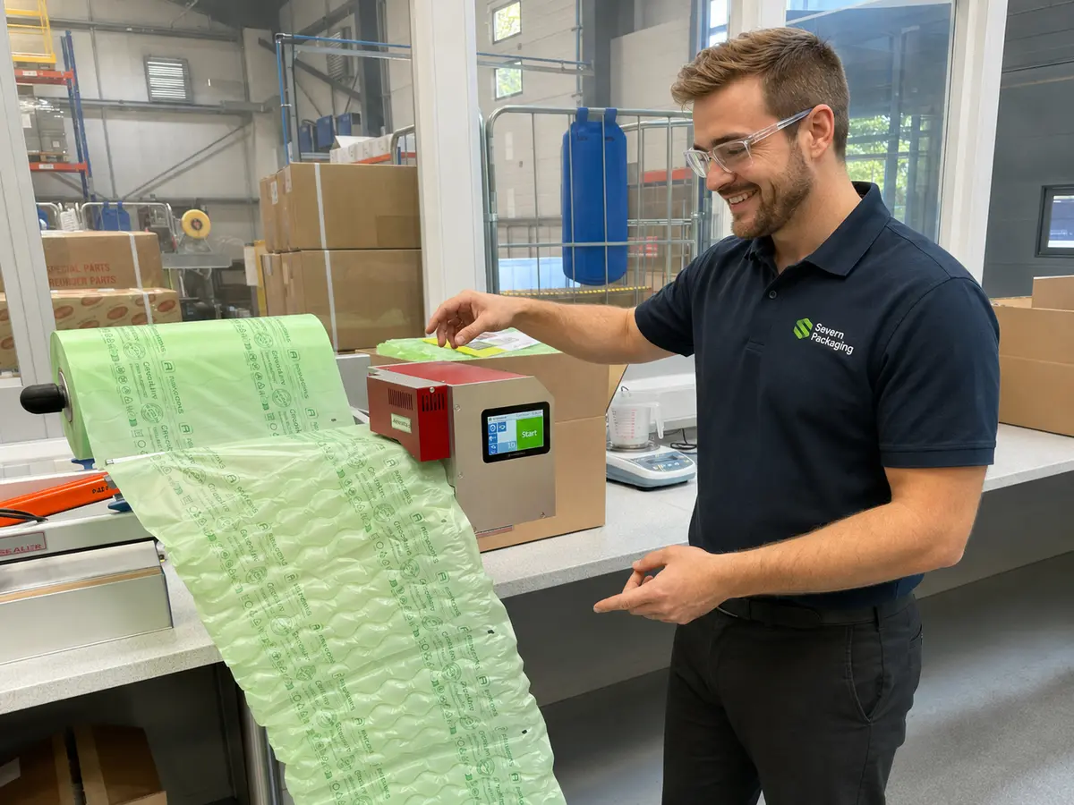 Severn Packaging engineer demonstrating AirWorks inflatable protective packaging equipment