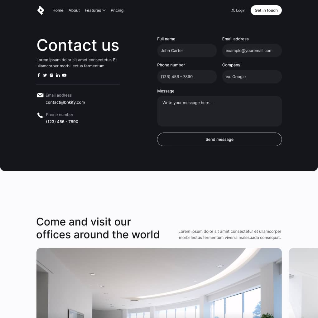 Bnkify X - Contact V1 Page - Bank And Fintech Webflow Template