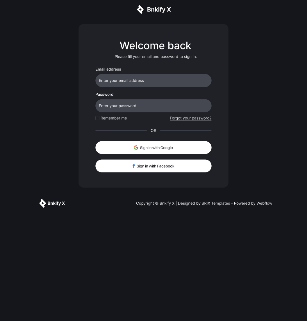 Bnkify X - Sign In Page - Bank And Fintech Webflow Template