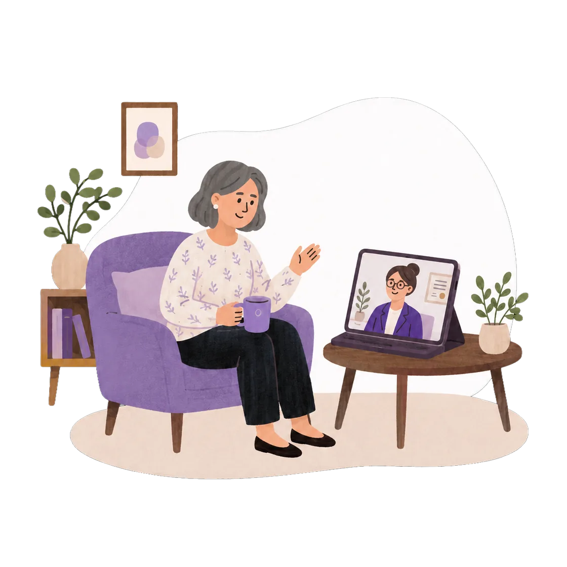 An older woman in a video therapy session from home
