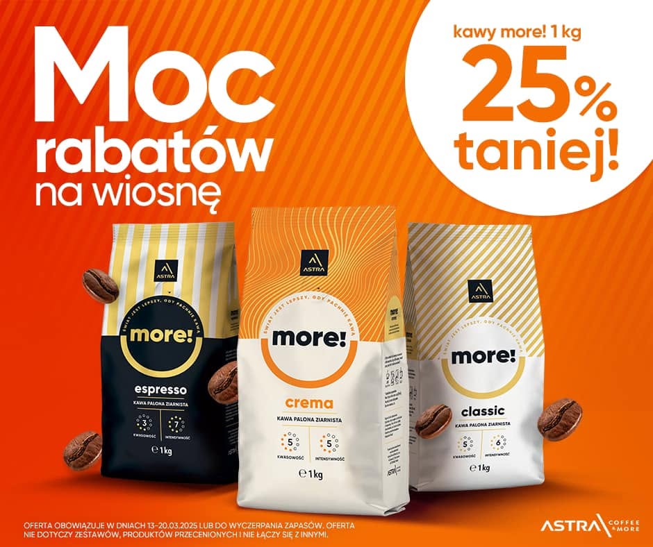 Kreacja promocyjna Astry: kawy more! 25% taniej