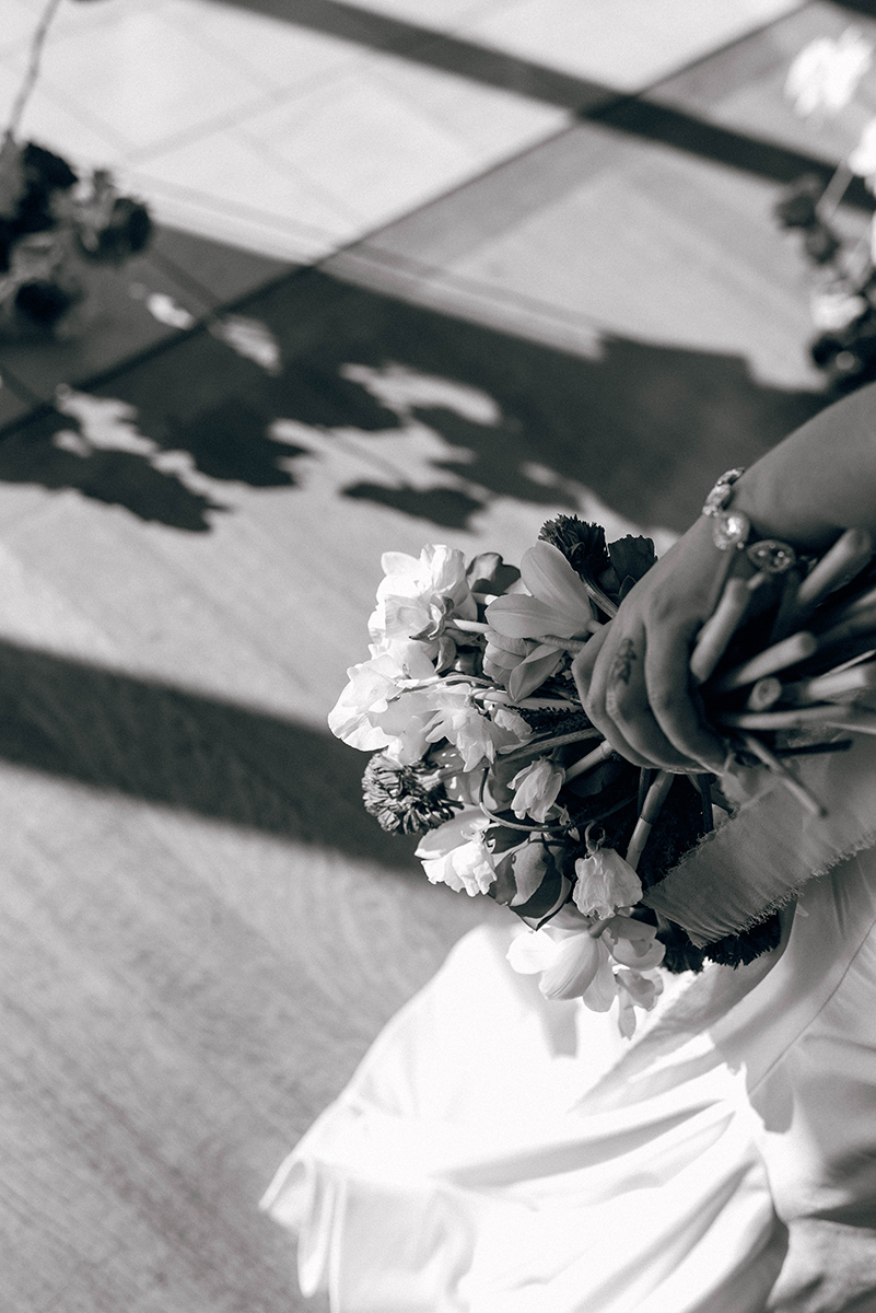 Wedding styled shoot at 220 North Tryon in Charlotte, NC and Foundation of the Carolinas art gallery. Close up of bride's bouquet