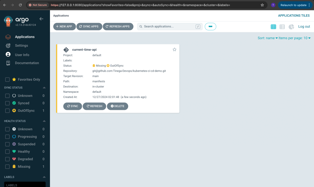 Applications interface in Argo CD