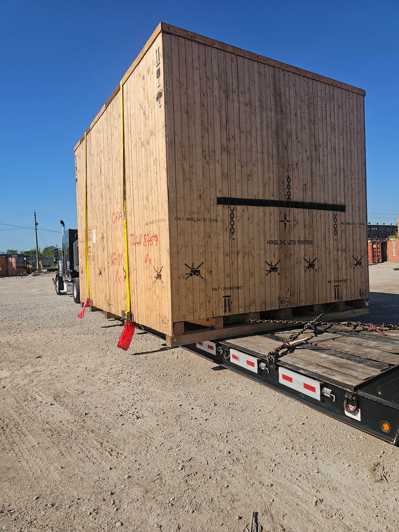 This shipment of crated machinery measures 18’1” L x 13’6” W x 13’7” H and weighs 48,025 lbs. Due to the size and weight, the cargo is being transported using a removable gooseneck (RGN) trailer—ideal for oversized machinery, industrial equipment, and freight that requires ground-level loading and secure placement.