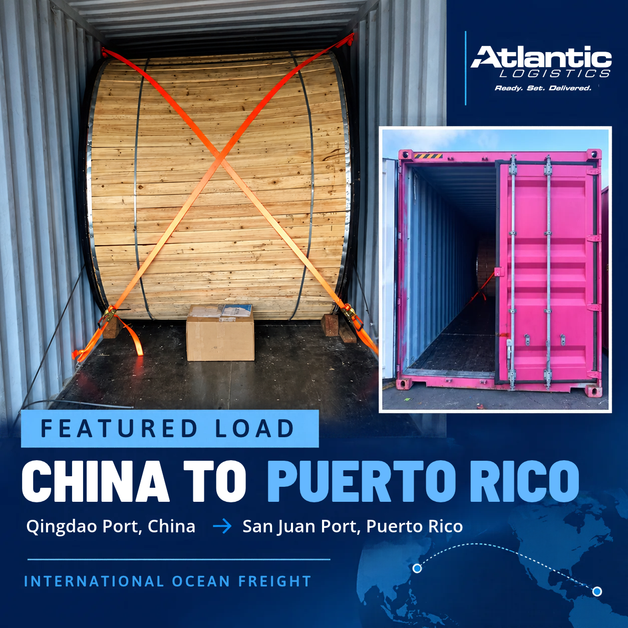 International ocean freight shipment coordinated from Qingdao Port in China to San Juan Port in Puerto Rico, supporting the pharmaceutical industry.