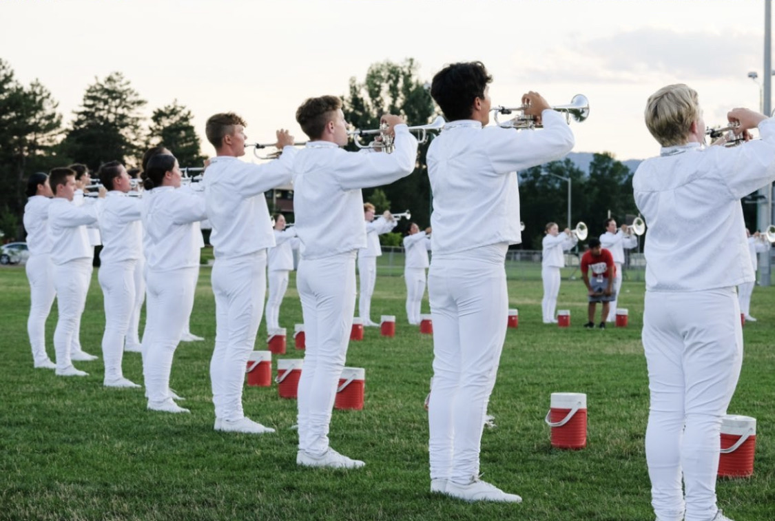 An arc of musicians standing and playing inwards.
