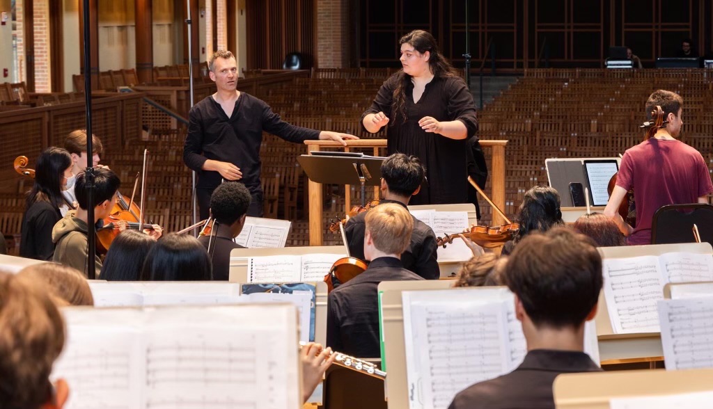 Georgia conducting the ESYO during rehearsals for the season's final concert at Ozawa Hall, Tangelwood.