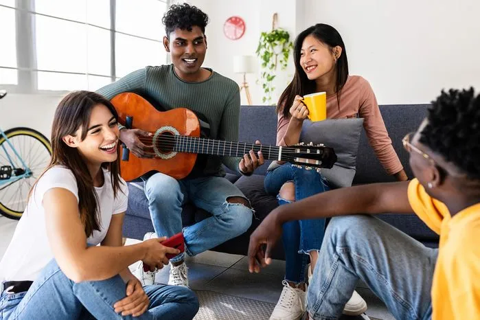 A view of friends enjoying music and conversation.