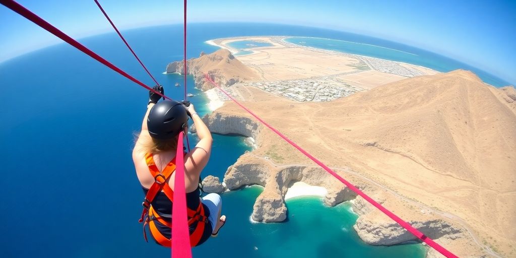 Zip liners flying over Cabo San Lucas landscape.