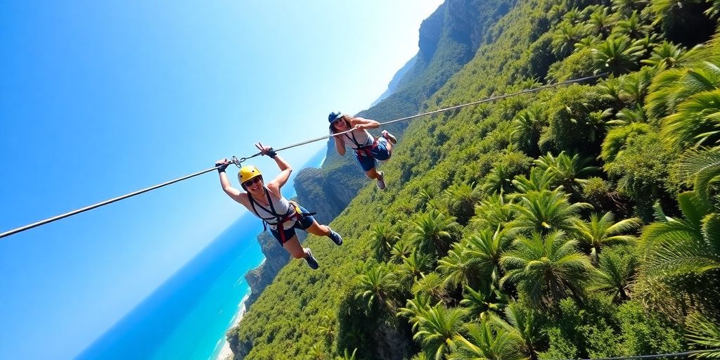 Adventurers zip lining over lush green canyons in Cabo.
