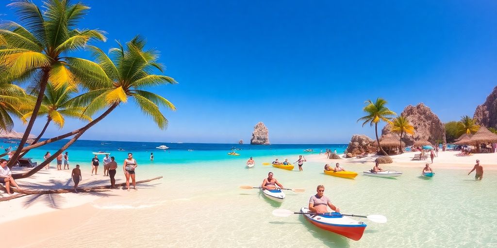 Beach scene in Cabo San Lucas with outdoor activities.
