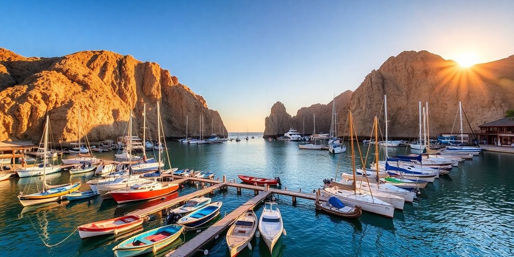Colorful boats in Cabo San Lucas marina at sunset.