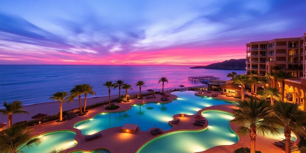 Hyatt Ziva Los Cabos resort with pools and palm trees.