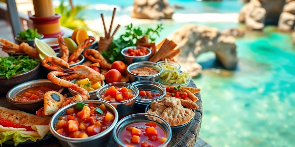 Colorful Mexican dishes with seafood and salsas in San Cabos.