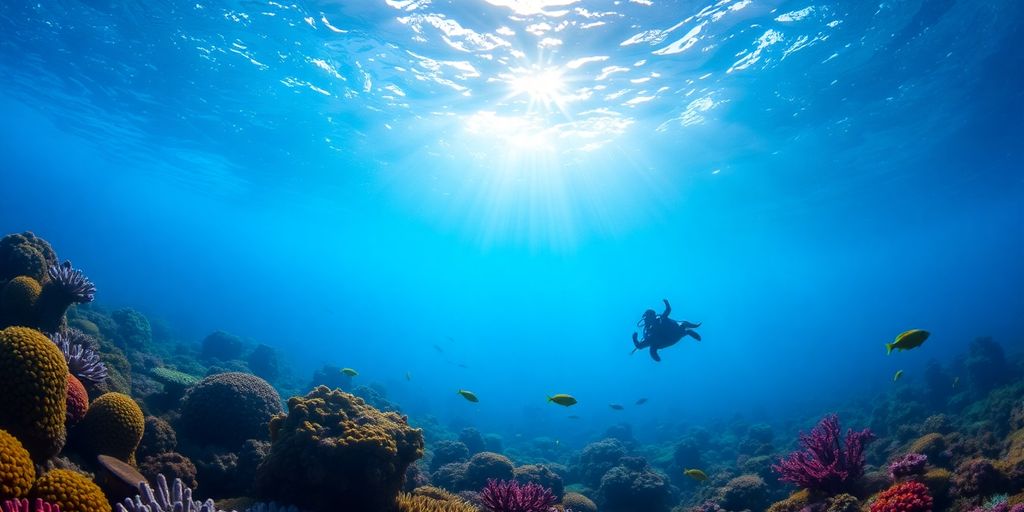Underwater scene with colorful coral and tropical fish.