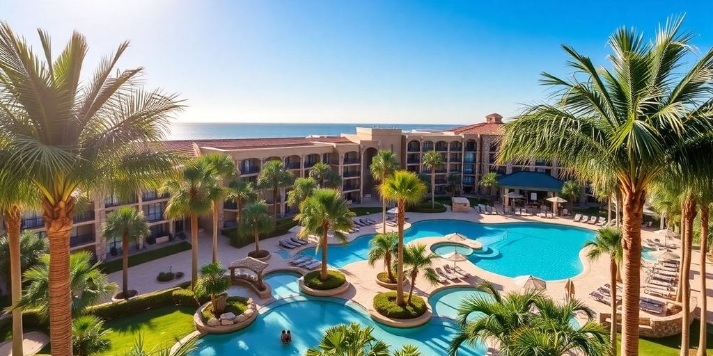 Pueblo Bonito Pacifica Resort with beach and palm trees.