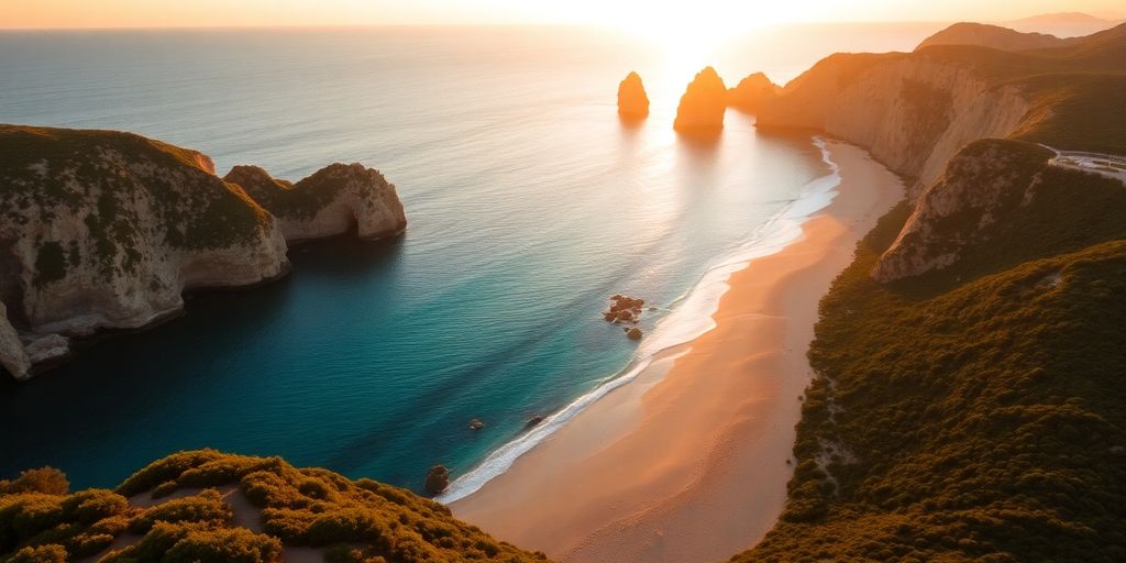 Aerial view of Cabo MX's beaches and cliffs.
