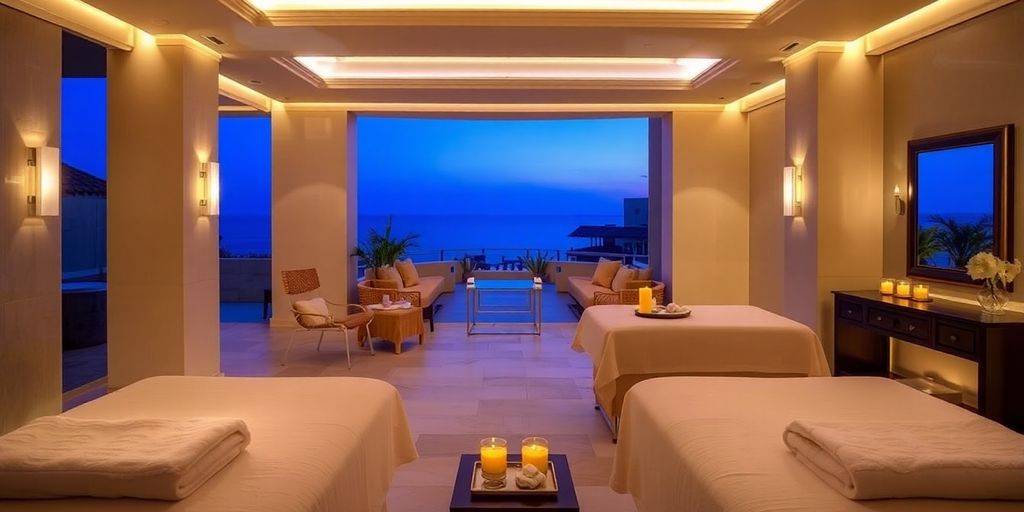 Luxurious spa treatment room with elegant decor and ambiance.