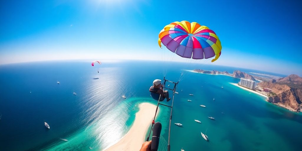 Colorful parasailers above Cabo's beautiful coastline.