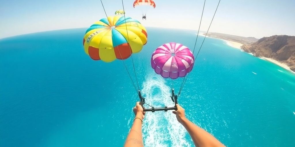 Colorful parachutes soaring over Cabo's blue ocean.