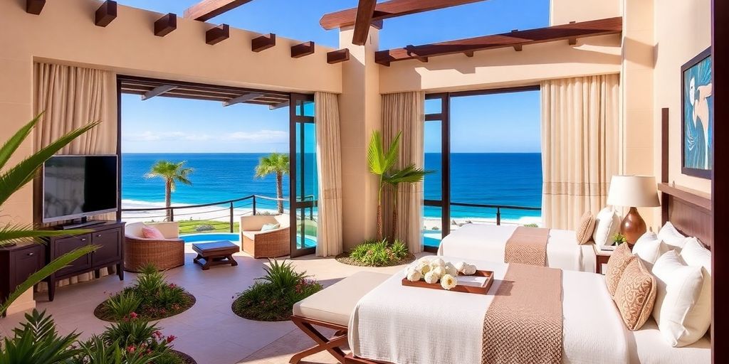 Elegant Casita Suites with ocean view and lush surroundings.