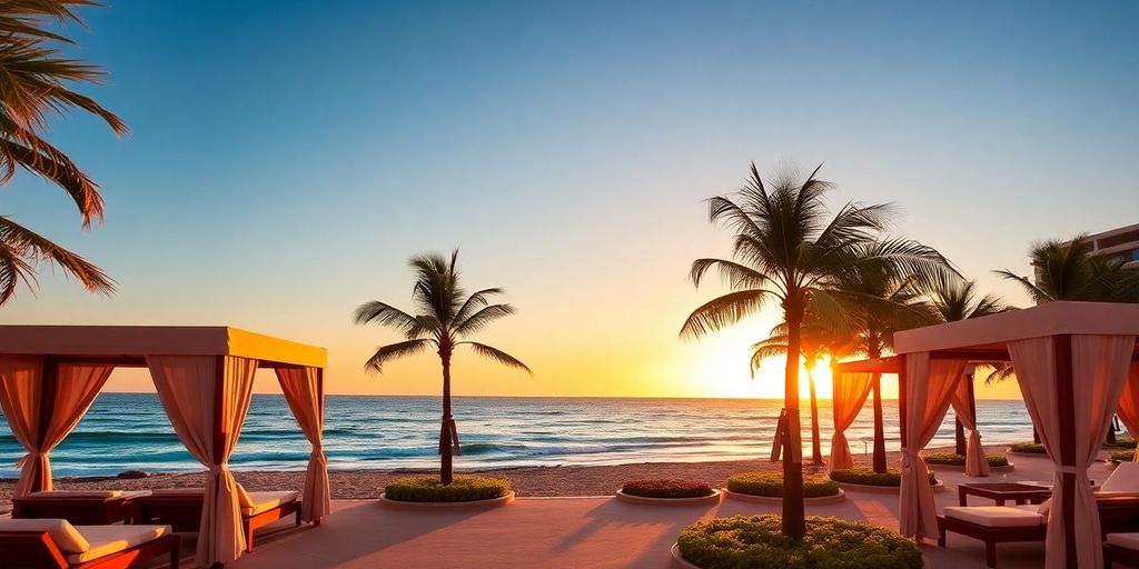 Luxurious beachfront with cabanas and palm trees at sunset.