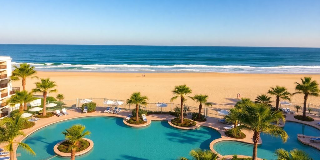 Adults-only Cabo resort with pools and palm trees.