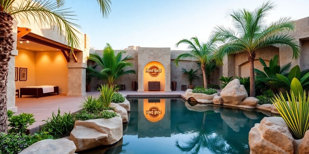 Luxurious spa setting with tropical plants and calming water.