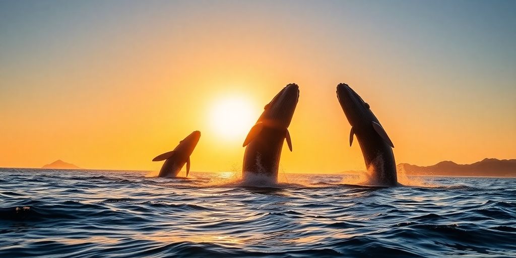 Humpback whales breaching in Cabo during sunrise.