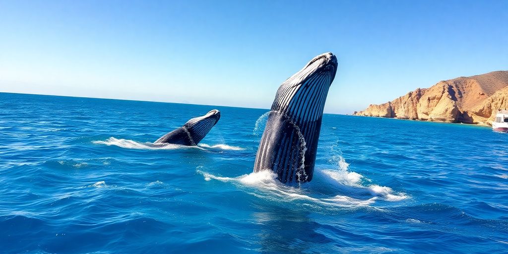 Humpback whales breaching in Cabo San Lucas waters.