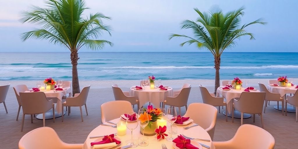 Beachside dining at Riu Santa Fe with ocean view.