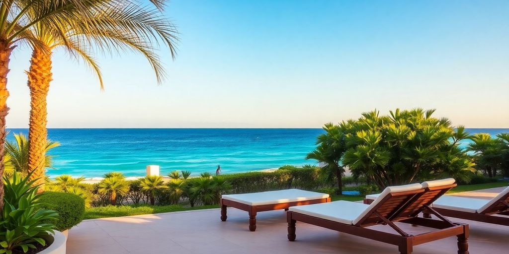 Luxurious sun loungers by the turquoise sea at Riu Santa Fe.