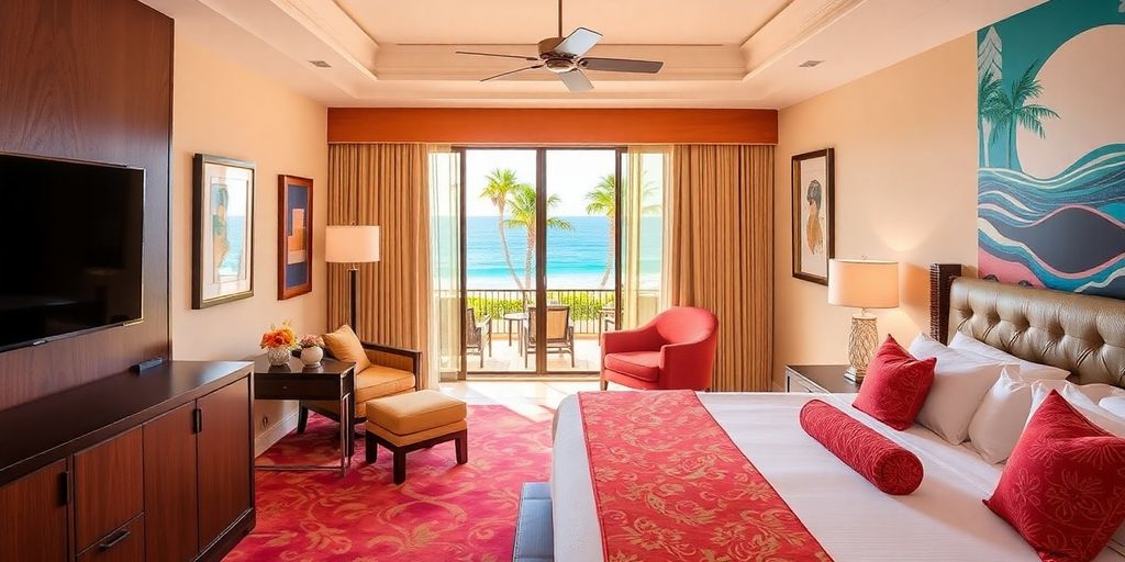 Luxurious hotel room with ocean view at Hard Rock Cabo.