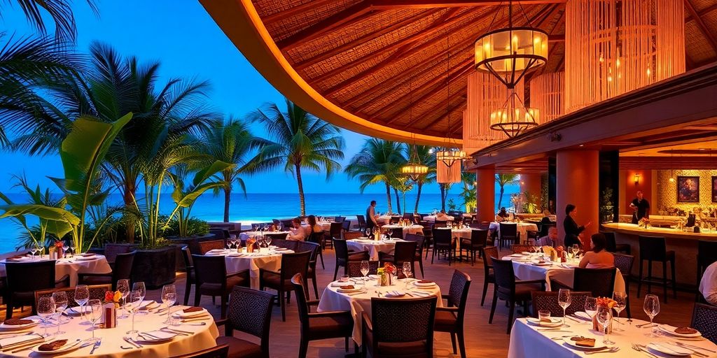 Elegant dining setup with gourmet dishes and cocktails.