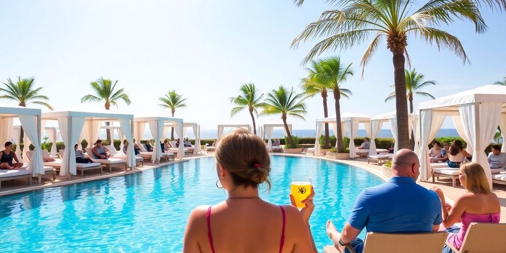 Luxurious poolside with cabanas at Riu Cabo San Lucas.