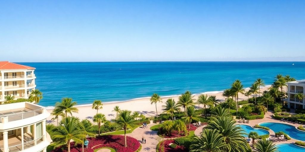 Luxurious oceanfront resort with stunning beach and clear sky.