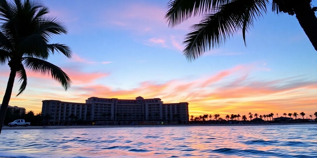 Sunset over Riu Cabo with palm trees and ocean.
